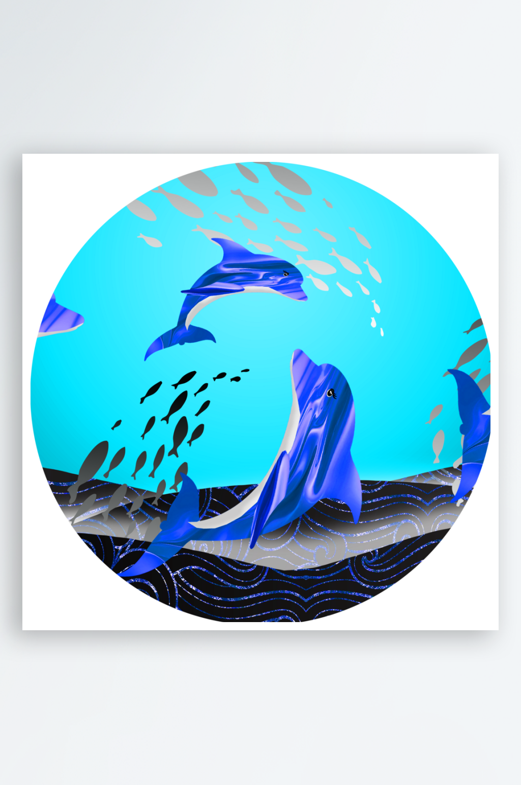 轻奢水彩海豚圆形挂画素材