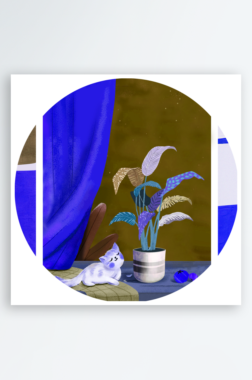 轻奢水彩植物树叶圆形挂画素材