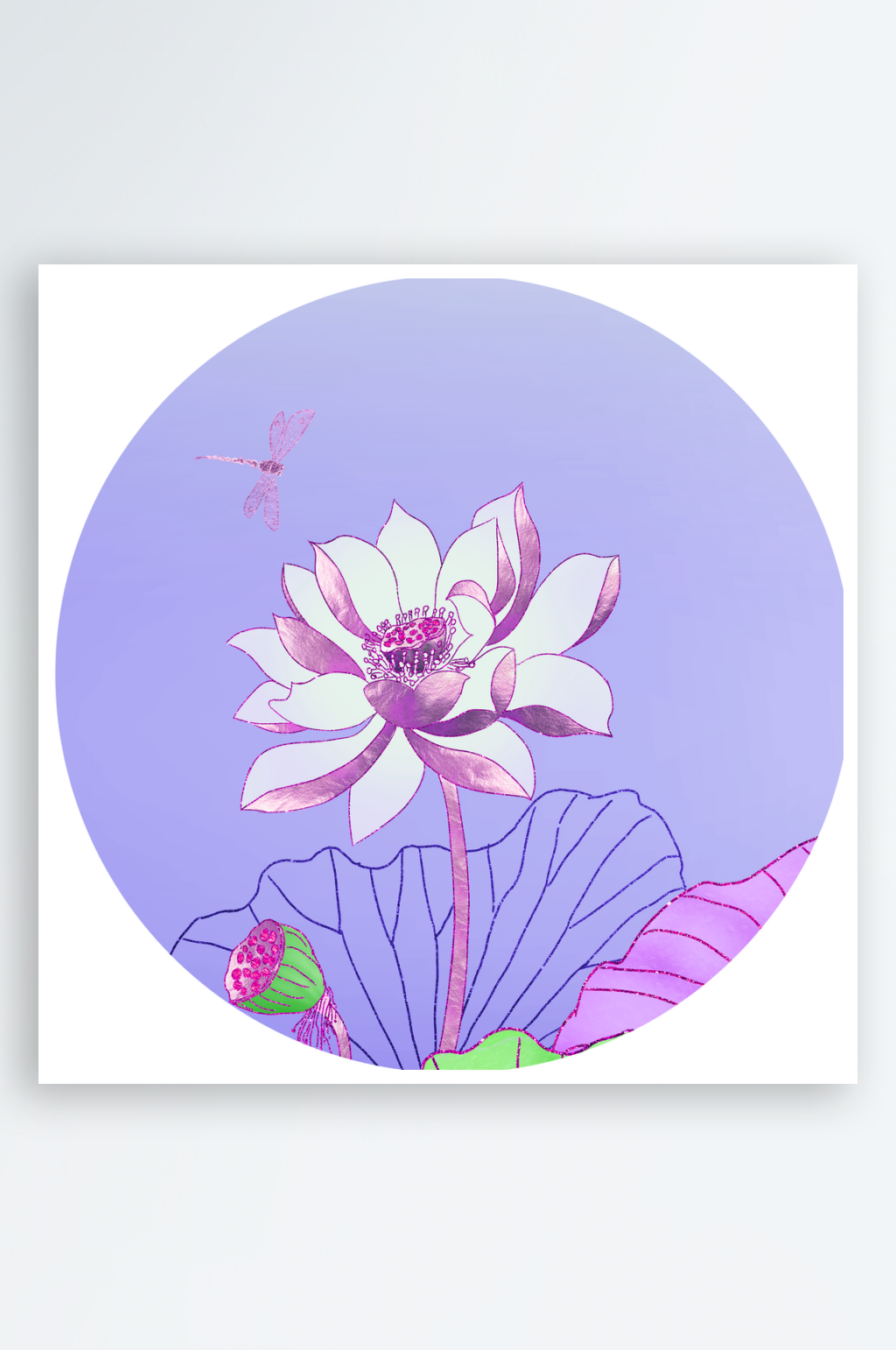 莲花水彩圆形挂画装饰画素材