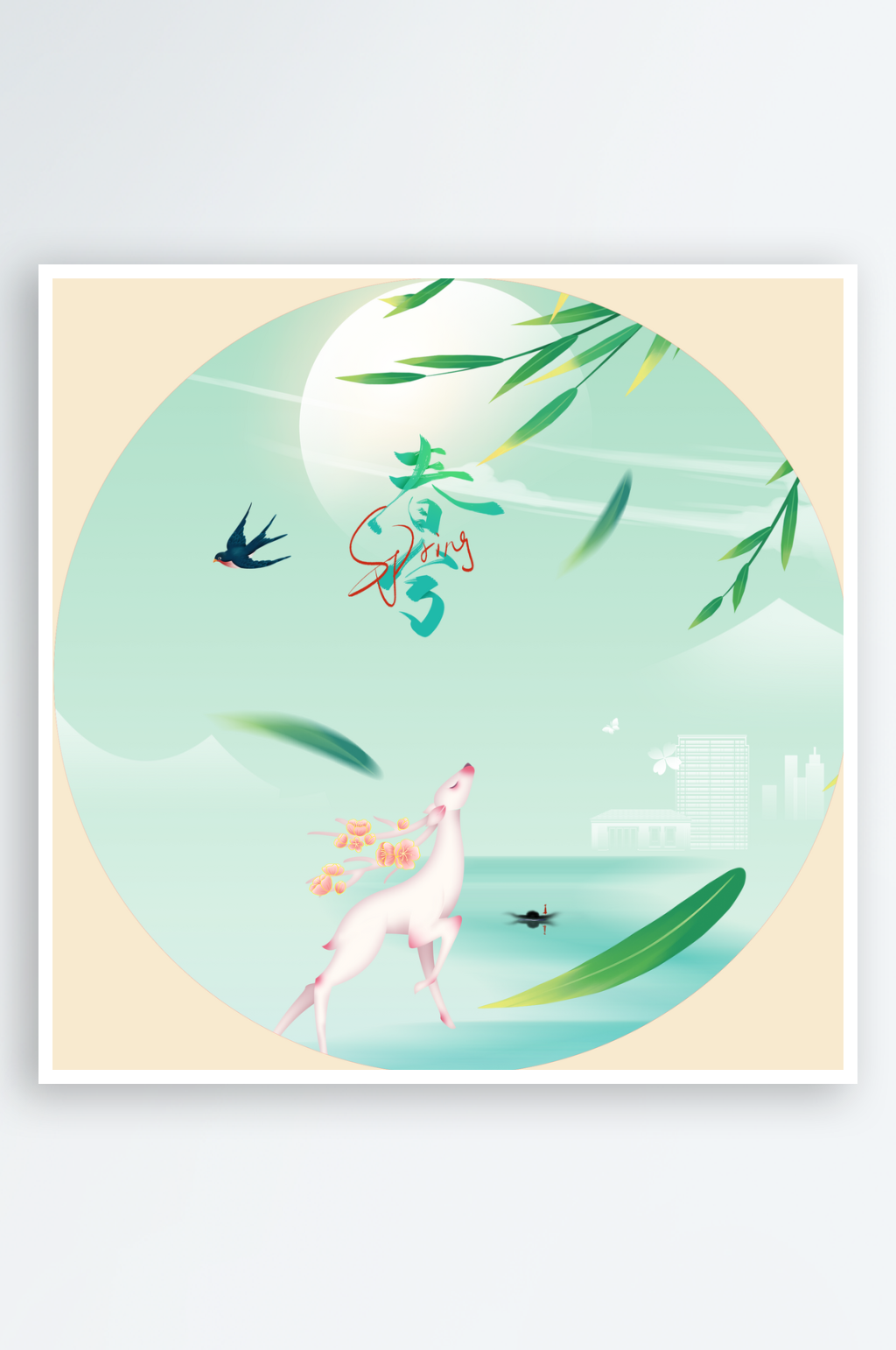 中国风风景画圆形挂画素材