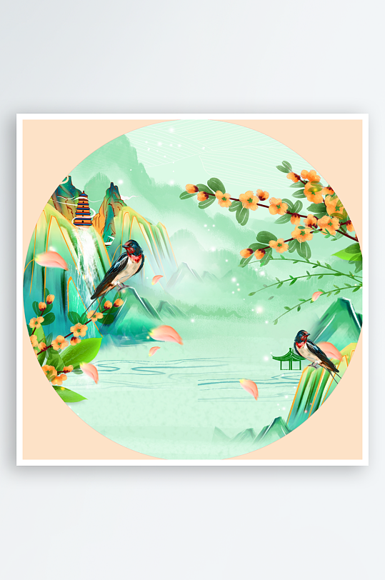 中国风水彩圆形挂画