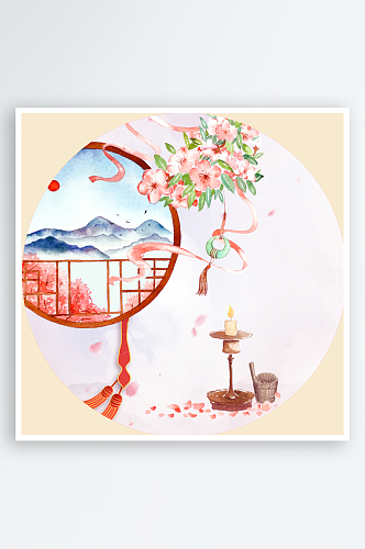 中国风唯美花卉风景画圆形装饰画
