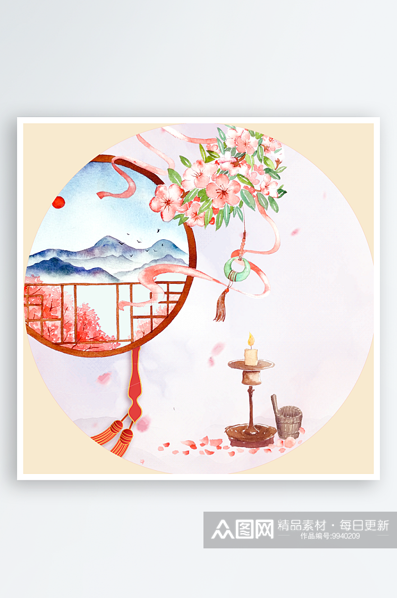 中国风唯美花卉风景画圆形装饰画素材