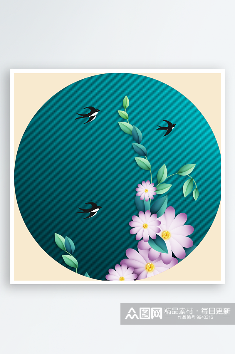中国风唯美花卉风景画圆形装饰画素材