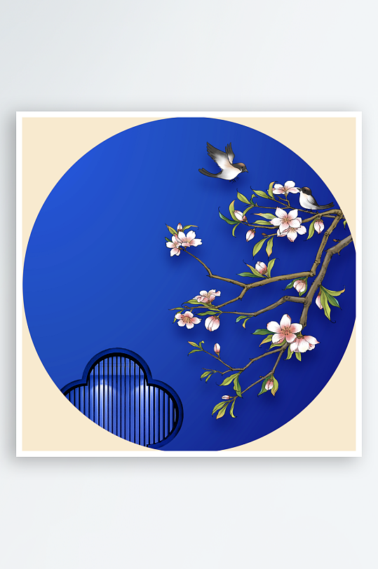 中国风花卉风景画圆形挂画