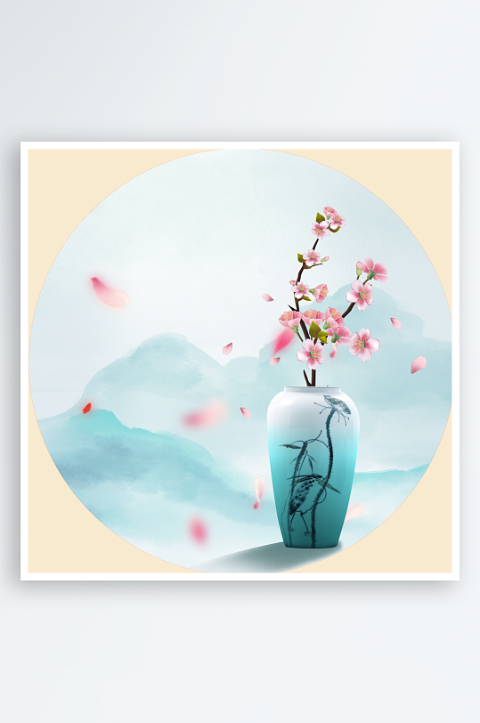 中国风花卉风景画圆形挂画