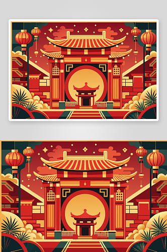 中国风复古建筑背景素材图AI图
