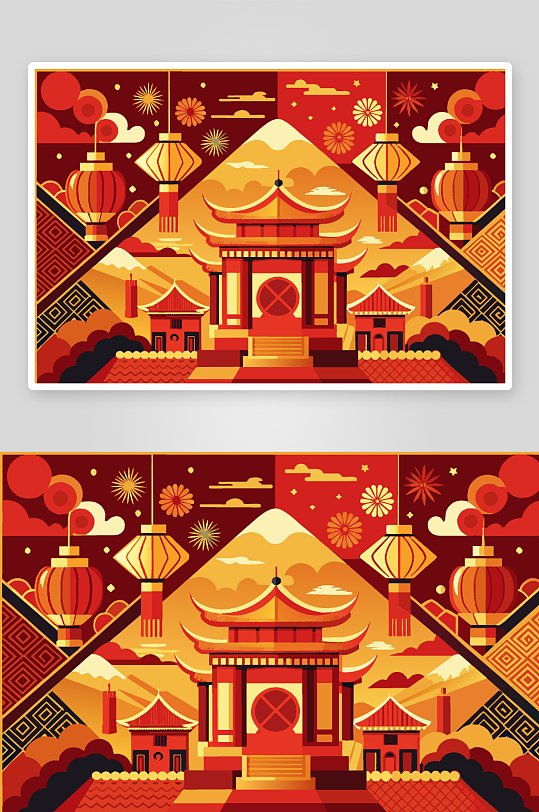 红色复古中国风建筑背景素材图