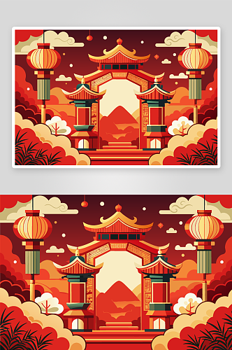 红色复古中国风建筑背景素材图