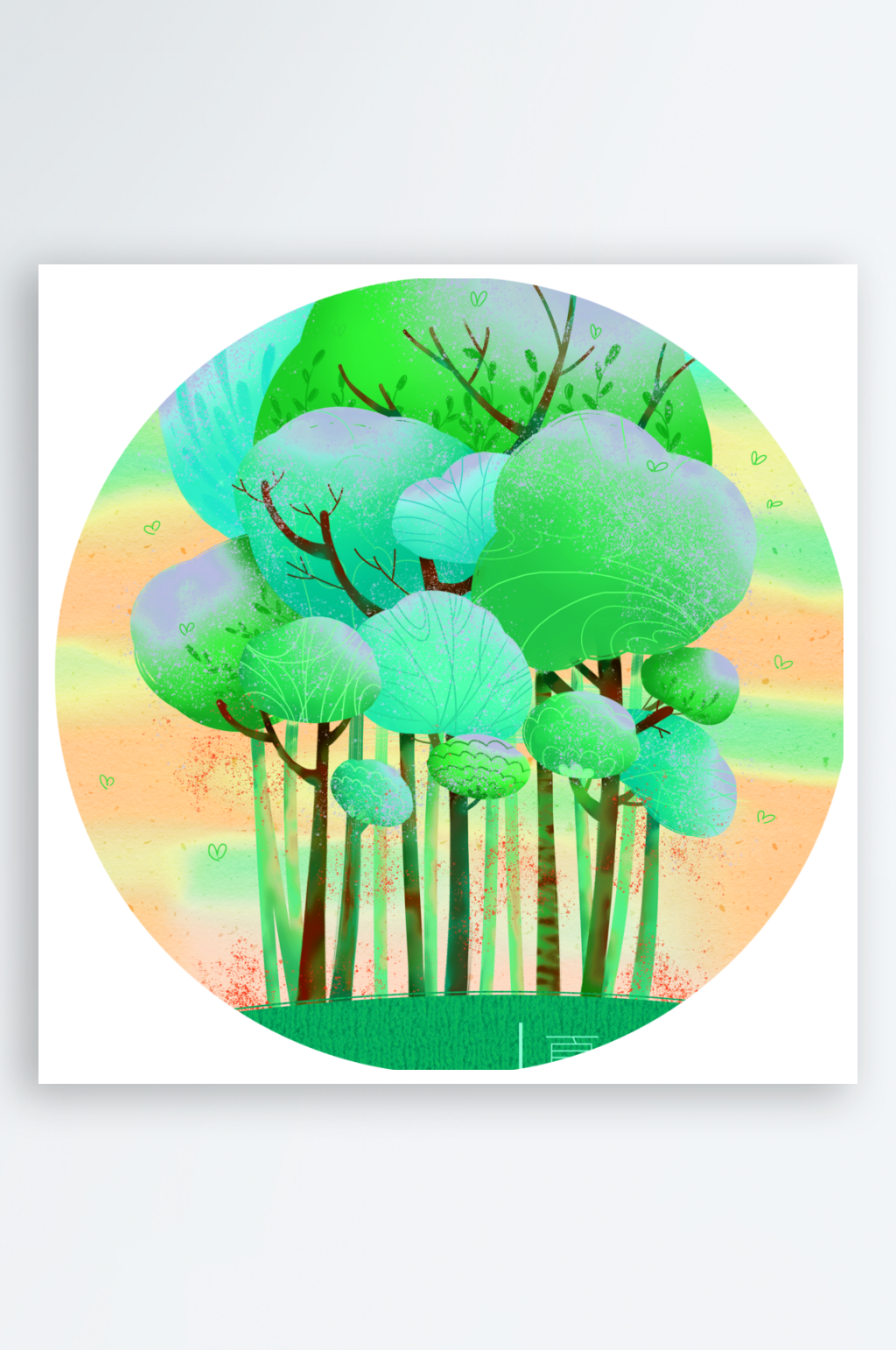 卡通风景画圆形装饰画素材
