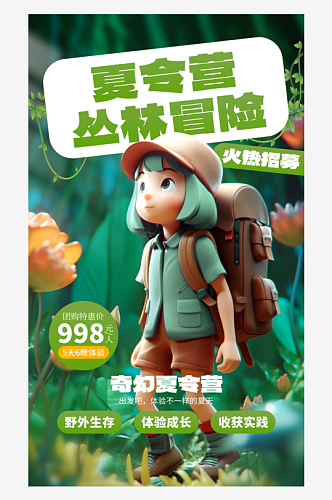 夏令营丛林冒险3D人物绿色AIGC海报