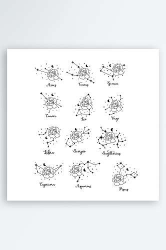黑白花卉星星月亮星座AI矢量素材