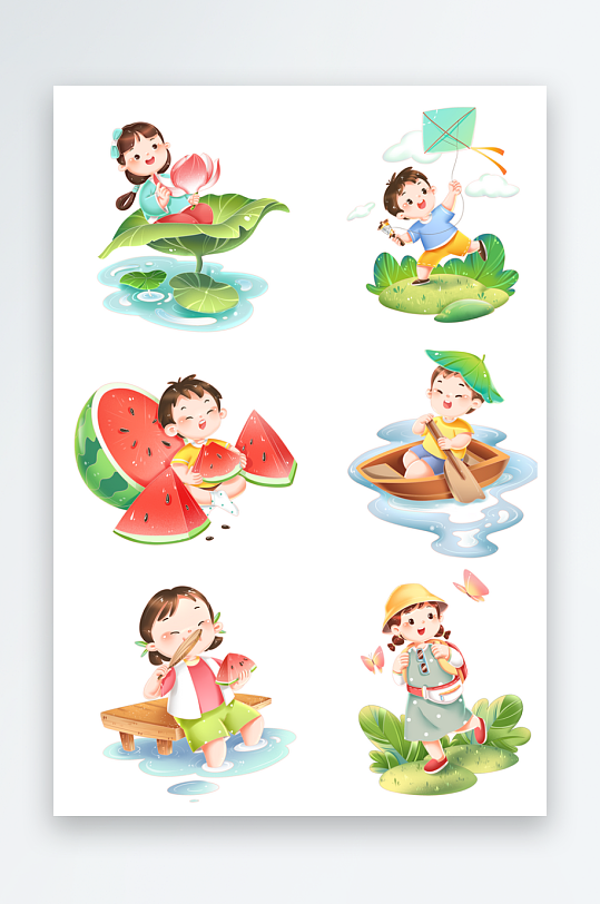 夏季夏天避暑卡通儿童形象装饰-众图网