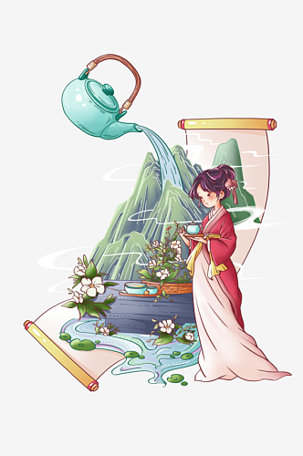 国潮微景观春茶采茶山水节气组合元素插画