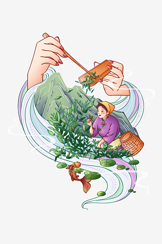 国潮微景观春茶采茶山水节气组合元素插画