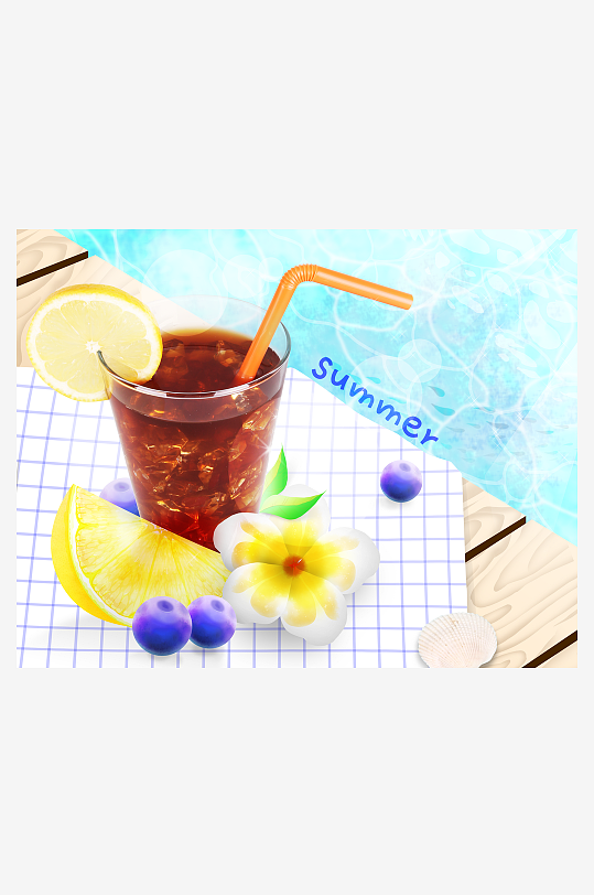 夏日钜惠促销海报蓝色度假饮料创意海报