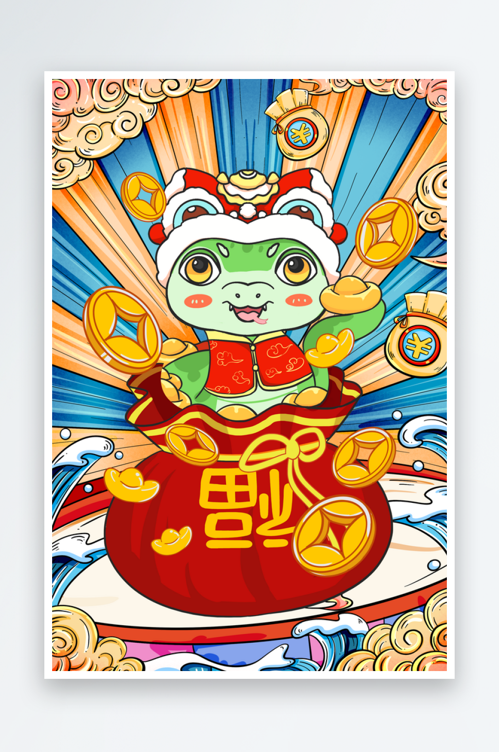 财源滚滚创意2025年蛇年国潮风新年插画海报元素素材