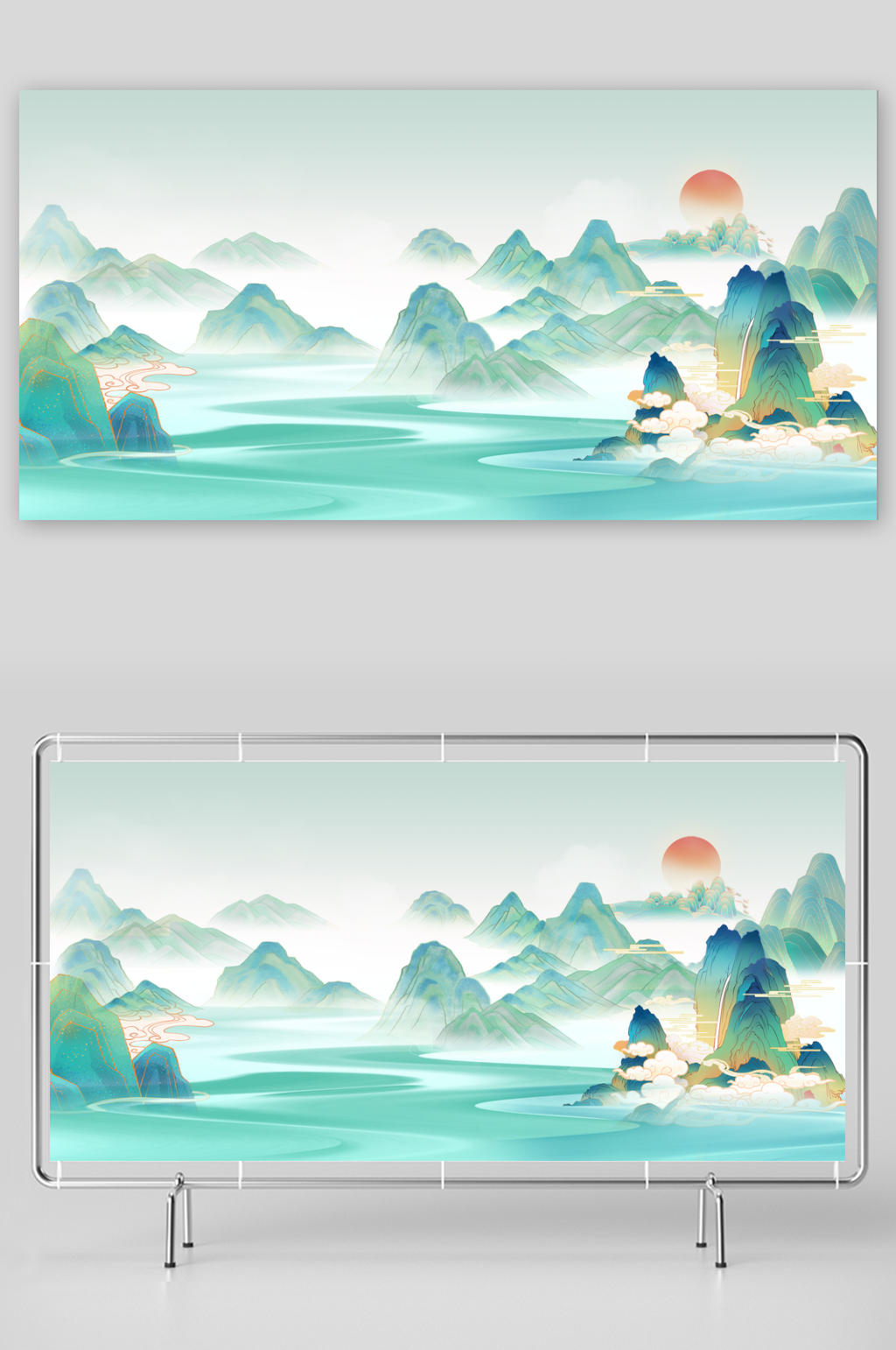 国潮风国潮山水插画海报背景素材