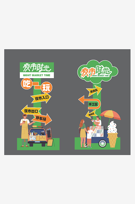 夏季夜市插画风指示牌