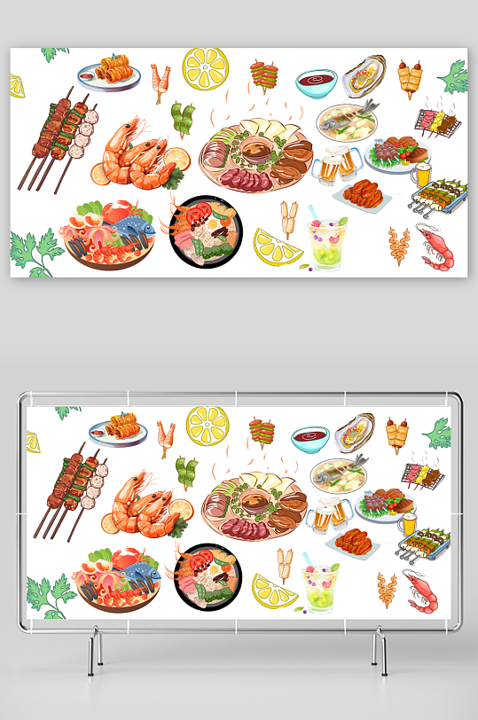 手绘烧烤烤串夜市插画