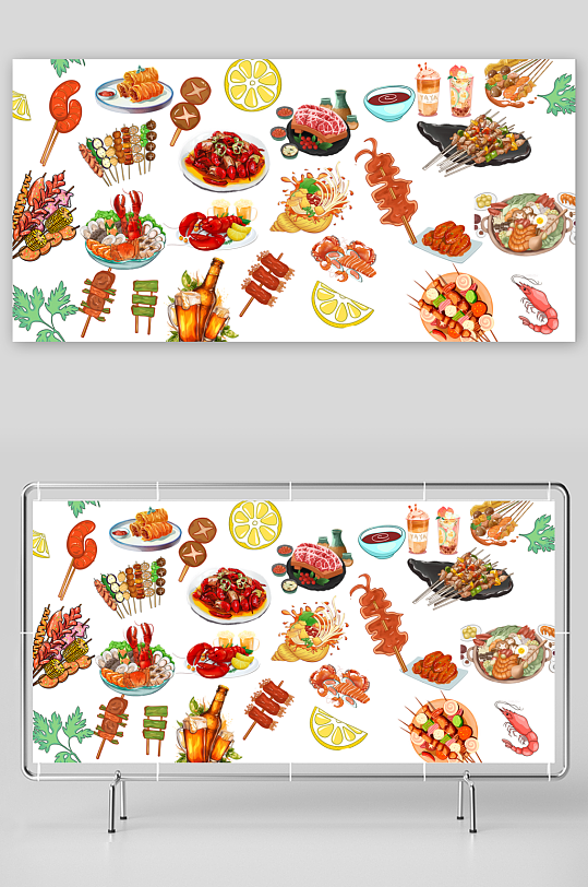手绘烧烤烤串夜市插画