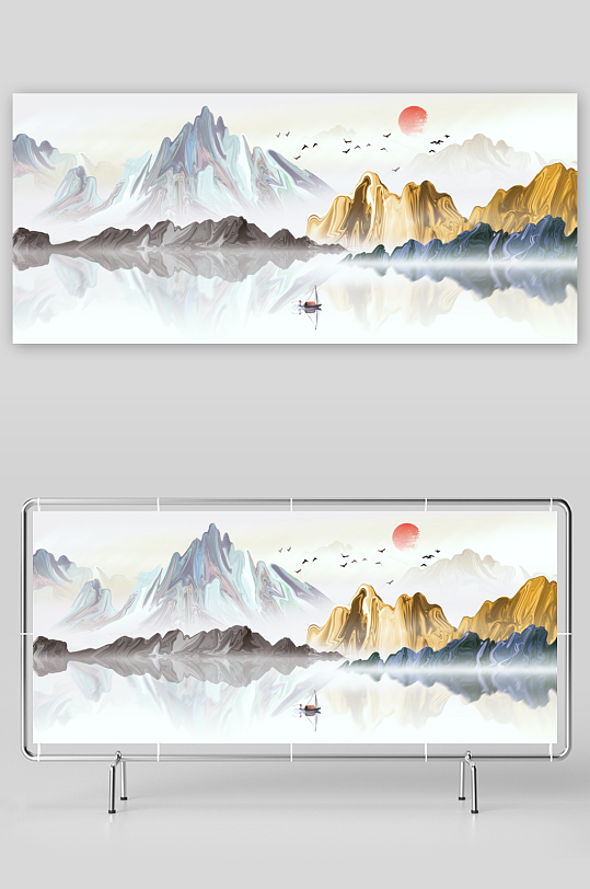 中国风古典山水国画装饰壁画墙贴玄关挂画-众图网