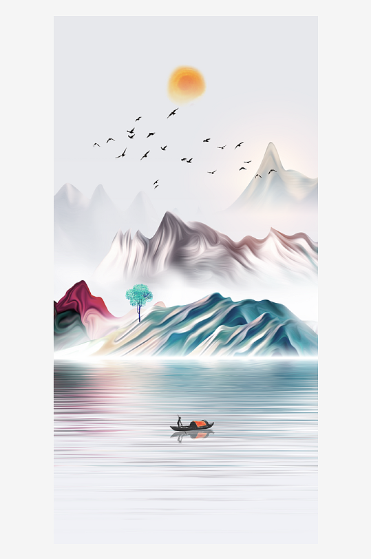 中国风古典山水国画装饰壁画墙贴玄关挂画-众图网