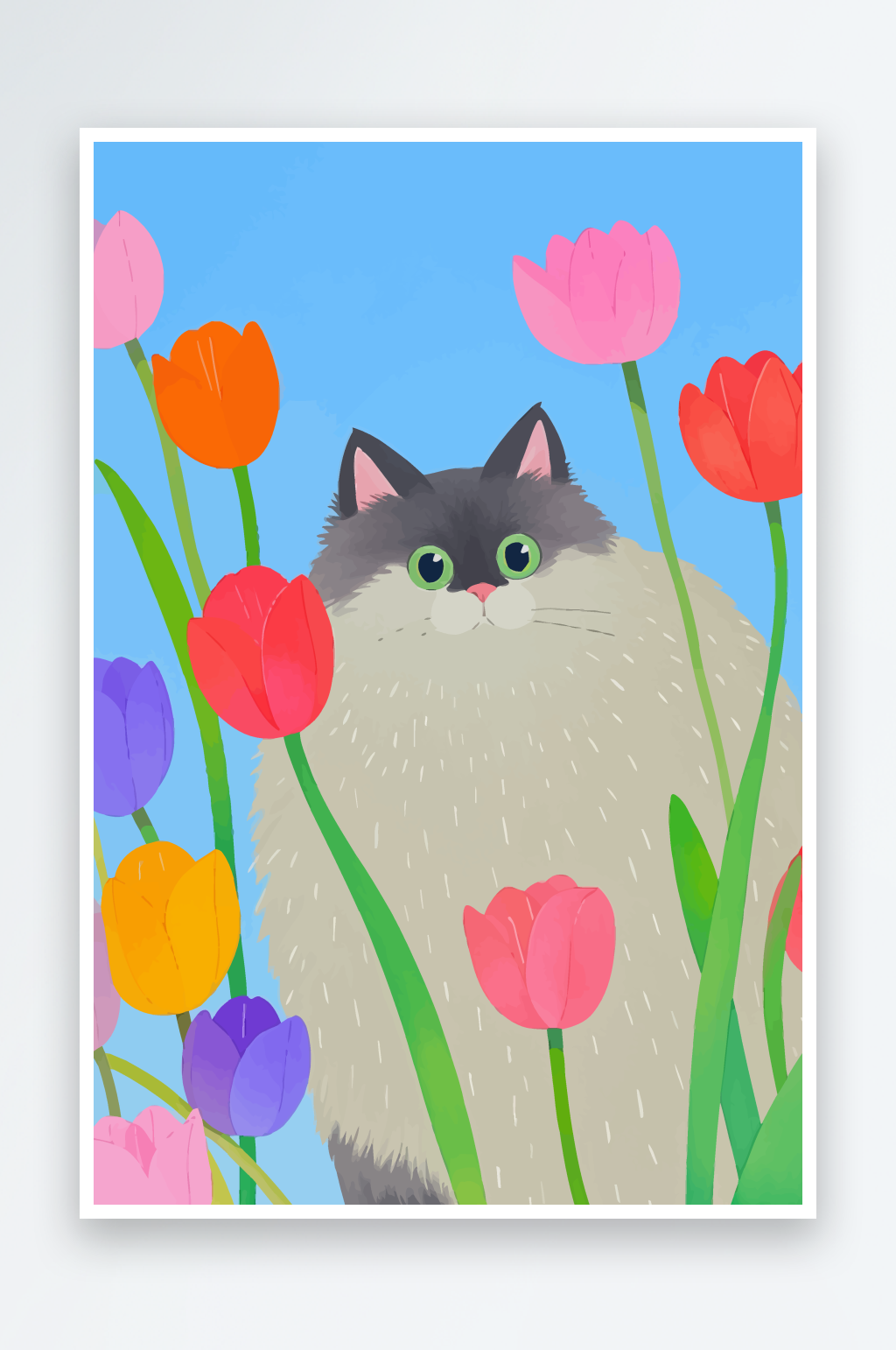 卡通可爱被花朵包围的猫咪素材图素材