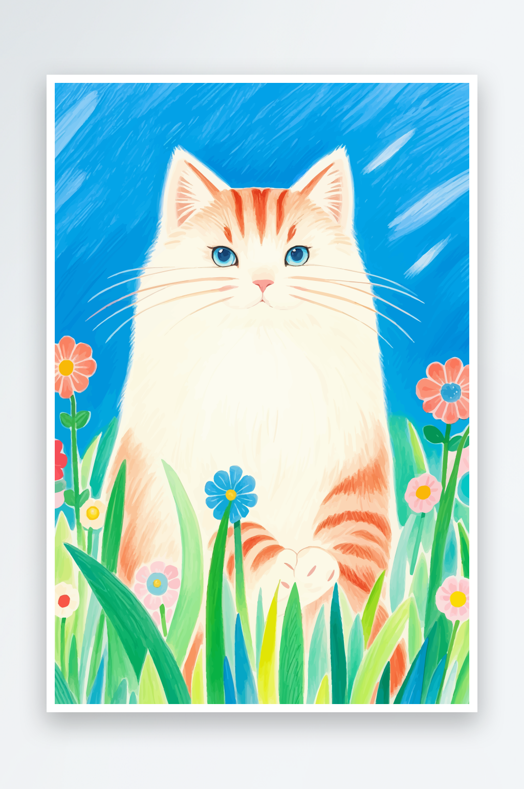 简约卡通可爱花朵丛中的猫咪素材图素材