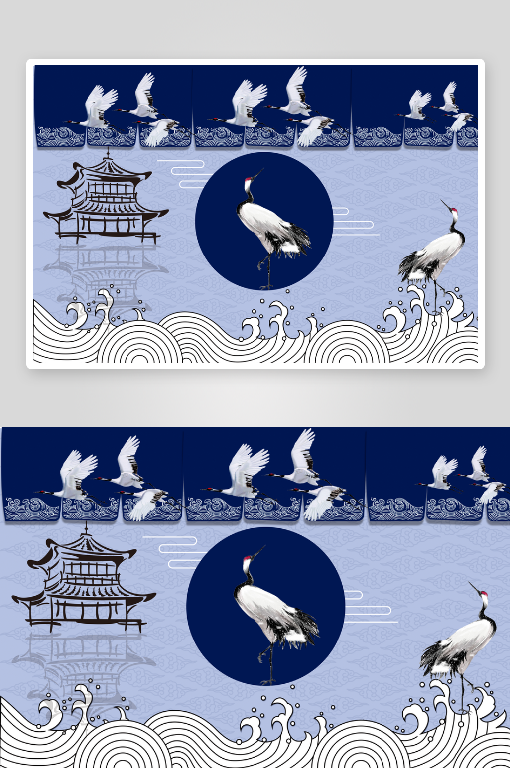 蓝色卡通手绘仙鹤插画背景素材
