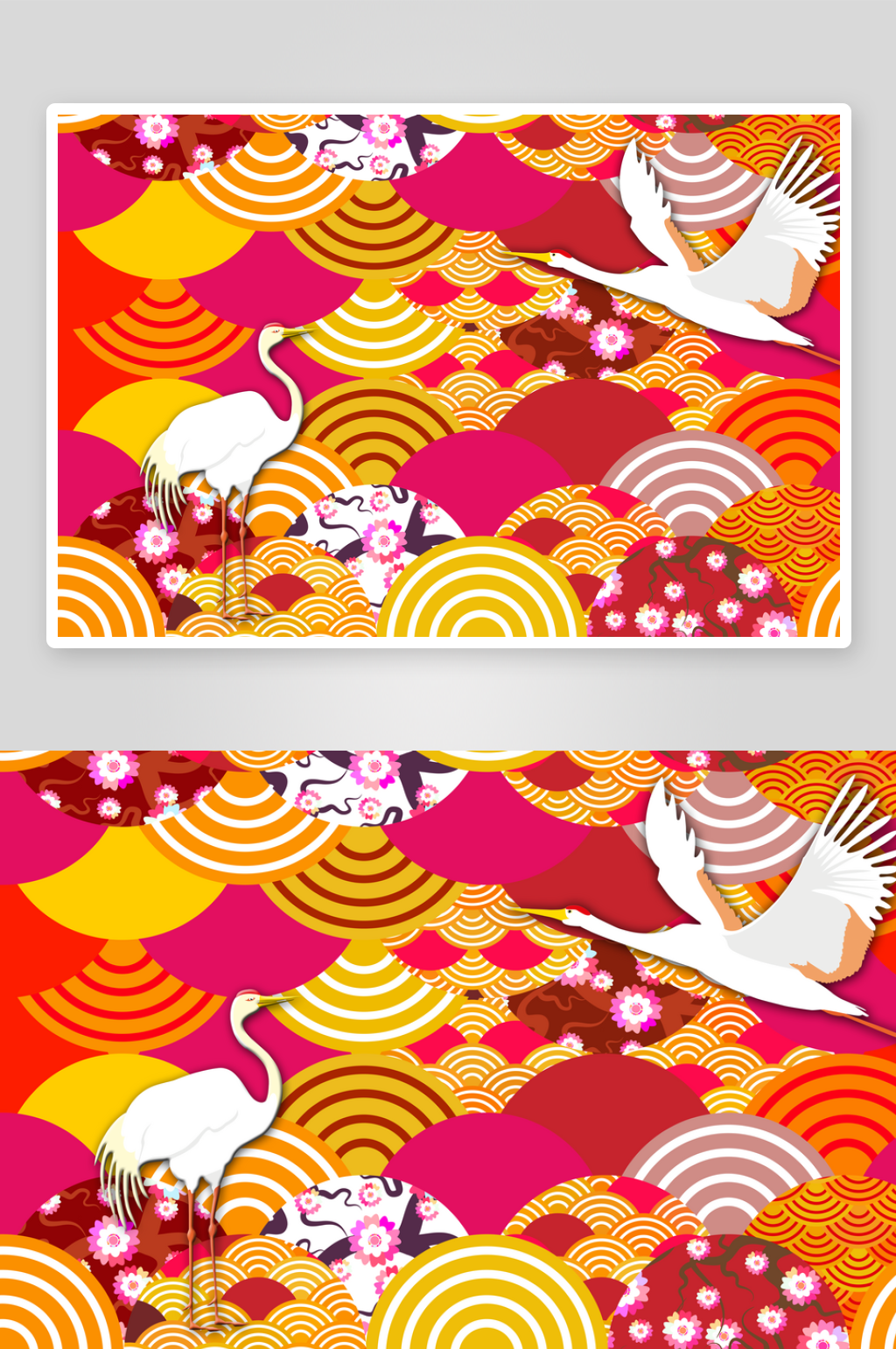 红色卡通手绘仙鹤插画背景素材