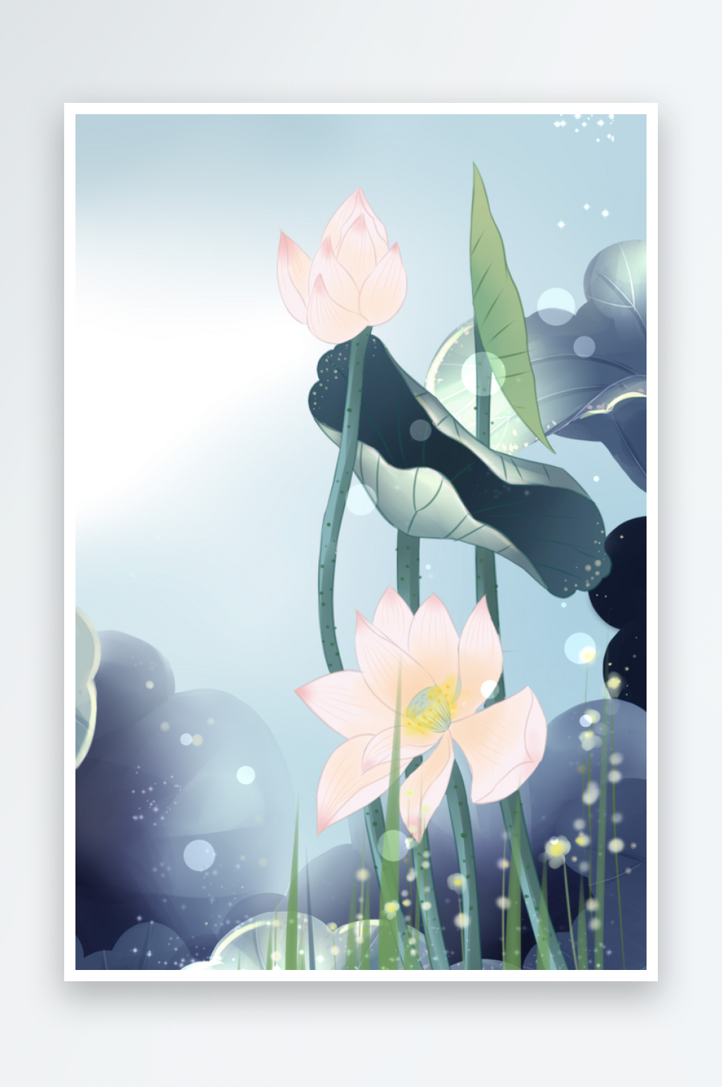 唯美梦幻荷塘人物风景插画设计素材