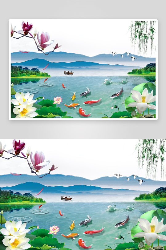 荷花山水风景画素材-众图网