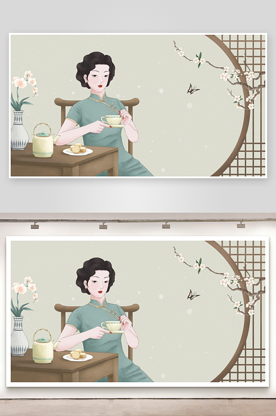 懷舊民國(guó)風(fēng)旗袍美女插畫(huà)