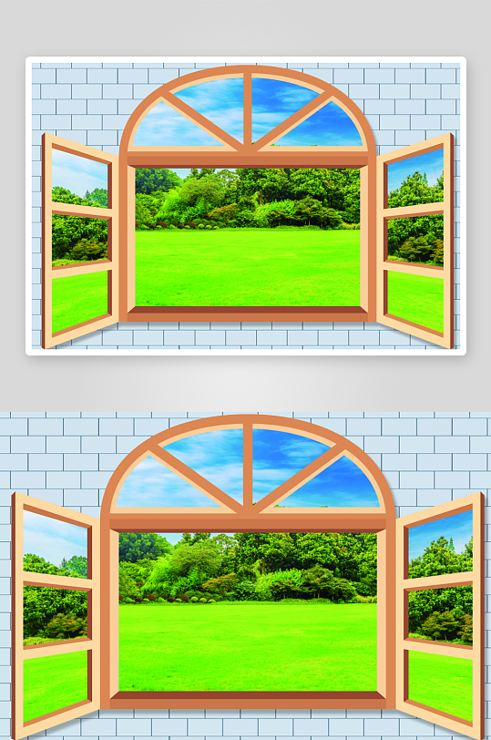 窗户草地树林风景-众图网