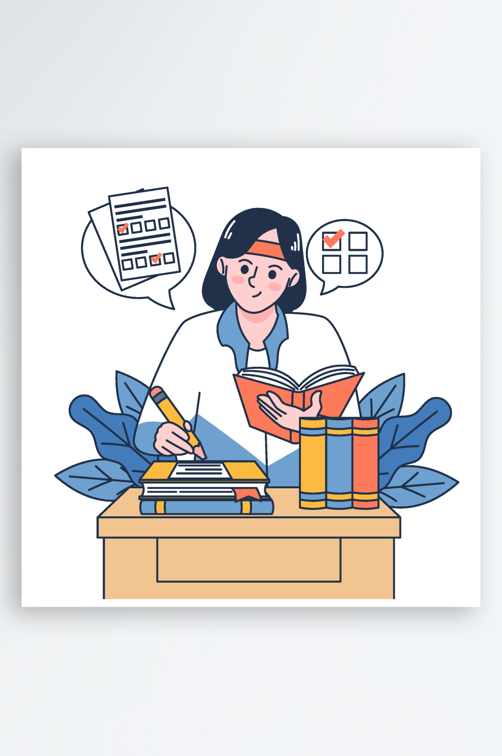 手绘卡通学生学习人物矢量插画素材