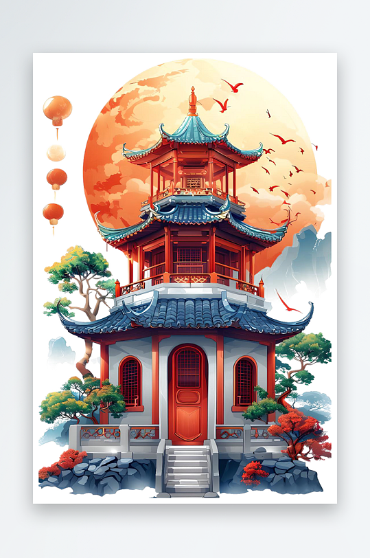 中式建筑楼中国风节日海报设计图标素材