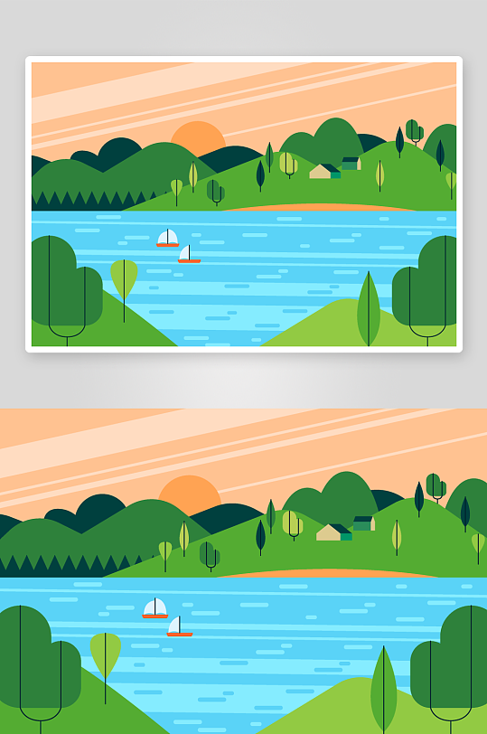手繪扁平湖邊樹林風(fēng)景矢量插畫背景