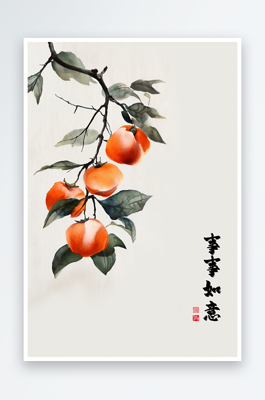 新中式手绘柿子事事如意-众图网