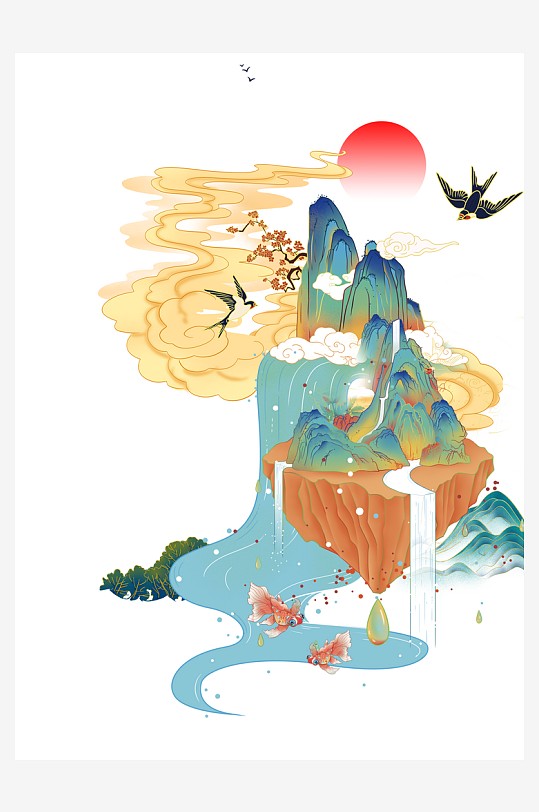 祥云山峰手繪國潮仙鶴元素插畫
