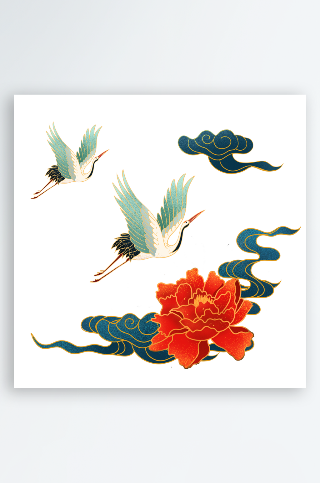 祥云祥云山峰手绘国潮仙鹤元素插画素材