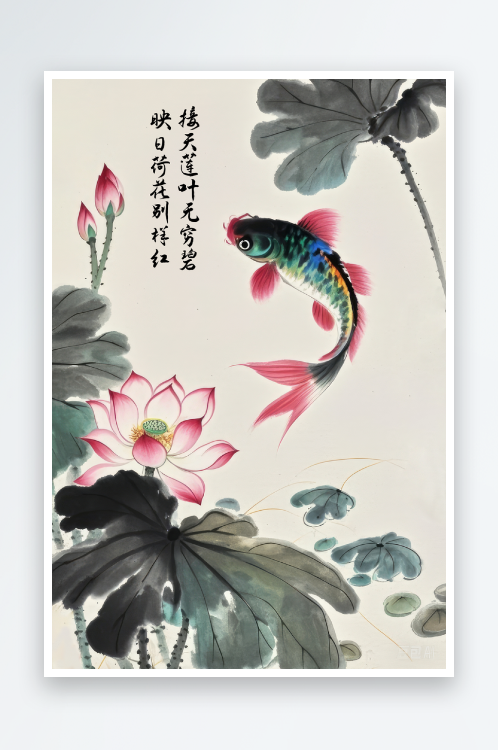 水墨荷花锦鲤装饰画素材