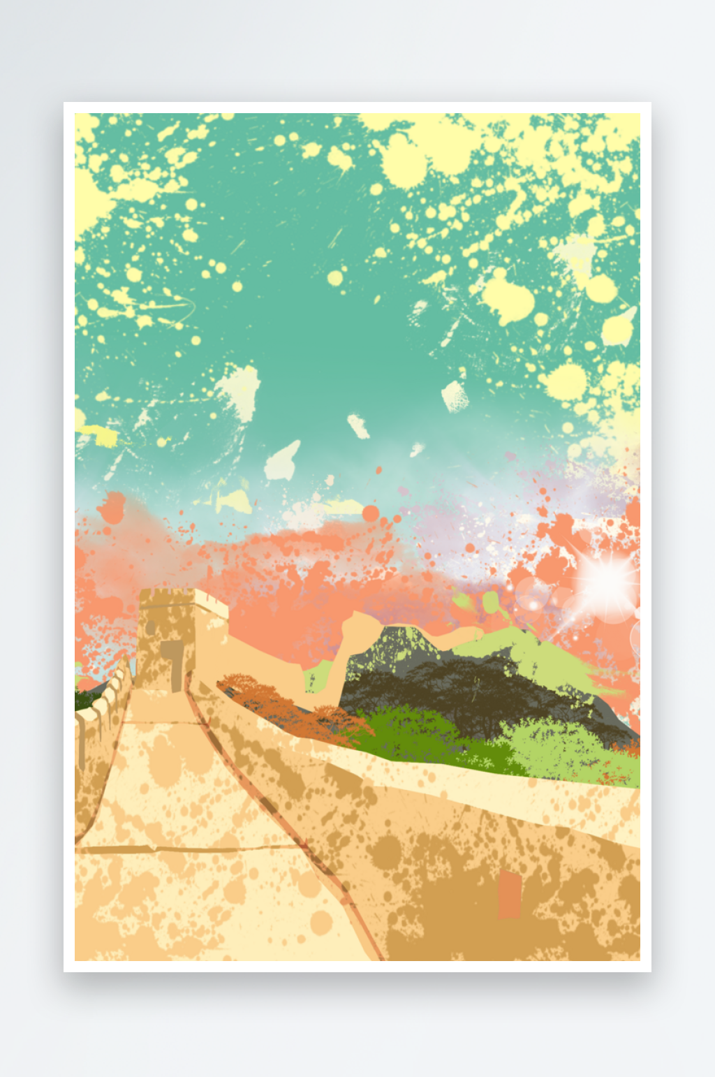 唯美卡通手绘长城风景插画素材