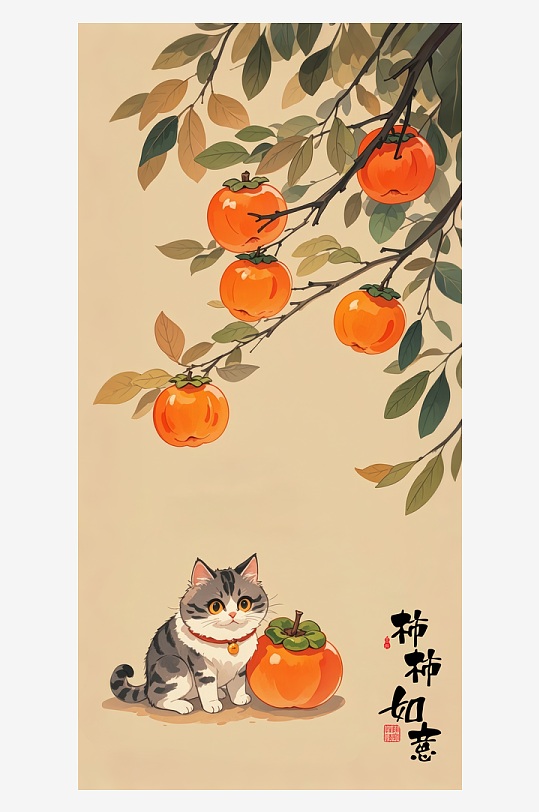 新中式猫柿柿如意装饰画