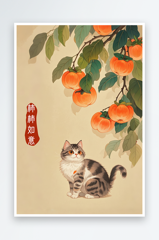新中式柿柿如意猫装饰画-众图网