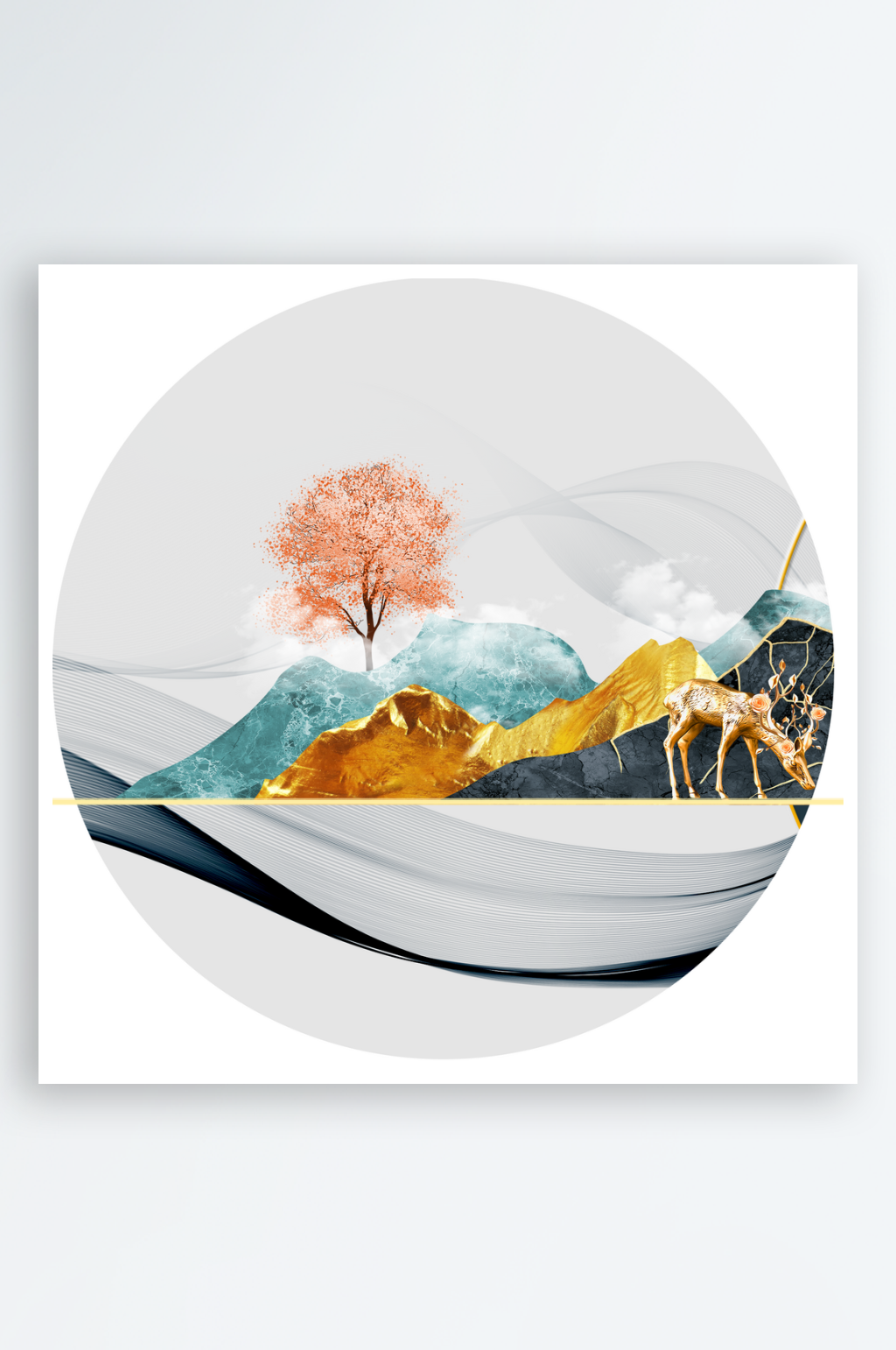 轻奢麋鹿风景画圆形挂画装饰画素材