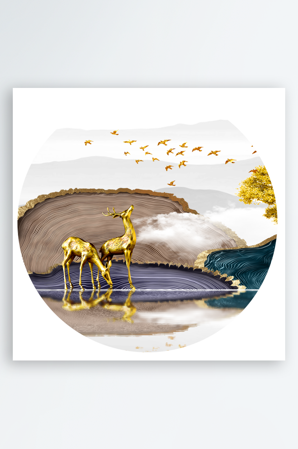 轻奢水彩树麋鹿风景画圆形挂画装饰画素材