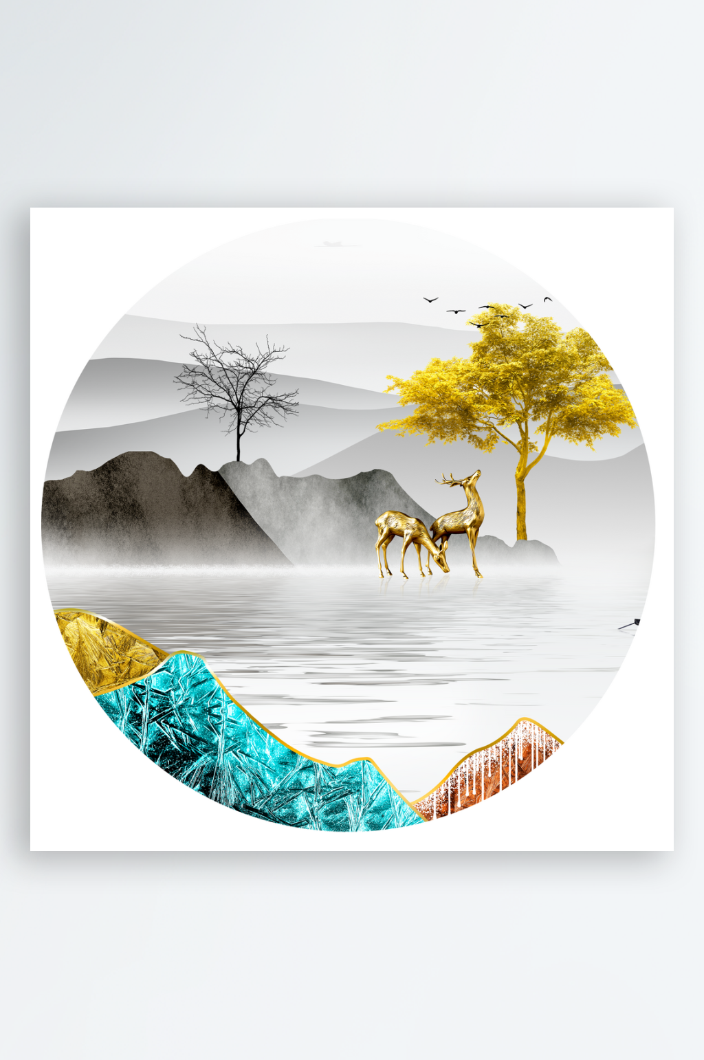 湖泊风景画圆形挂画装饰画素材