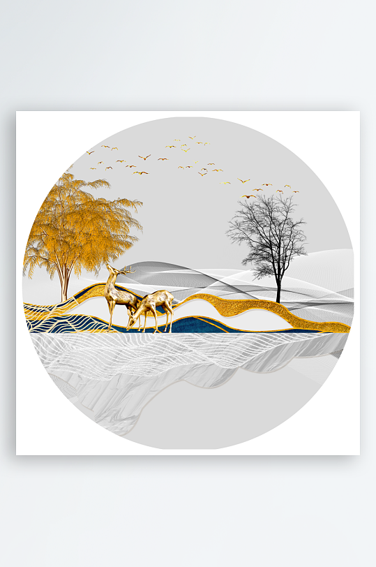 轻奢麋鹿风景画圆形挂画装饰画-众图网