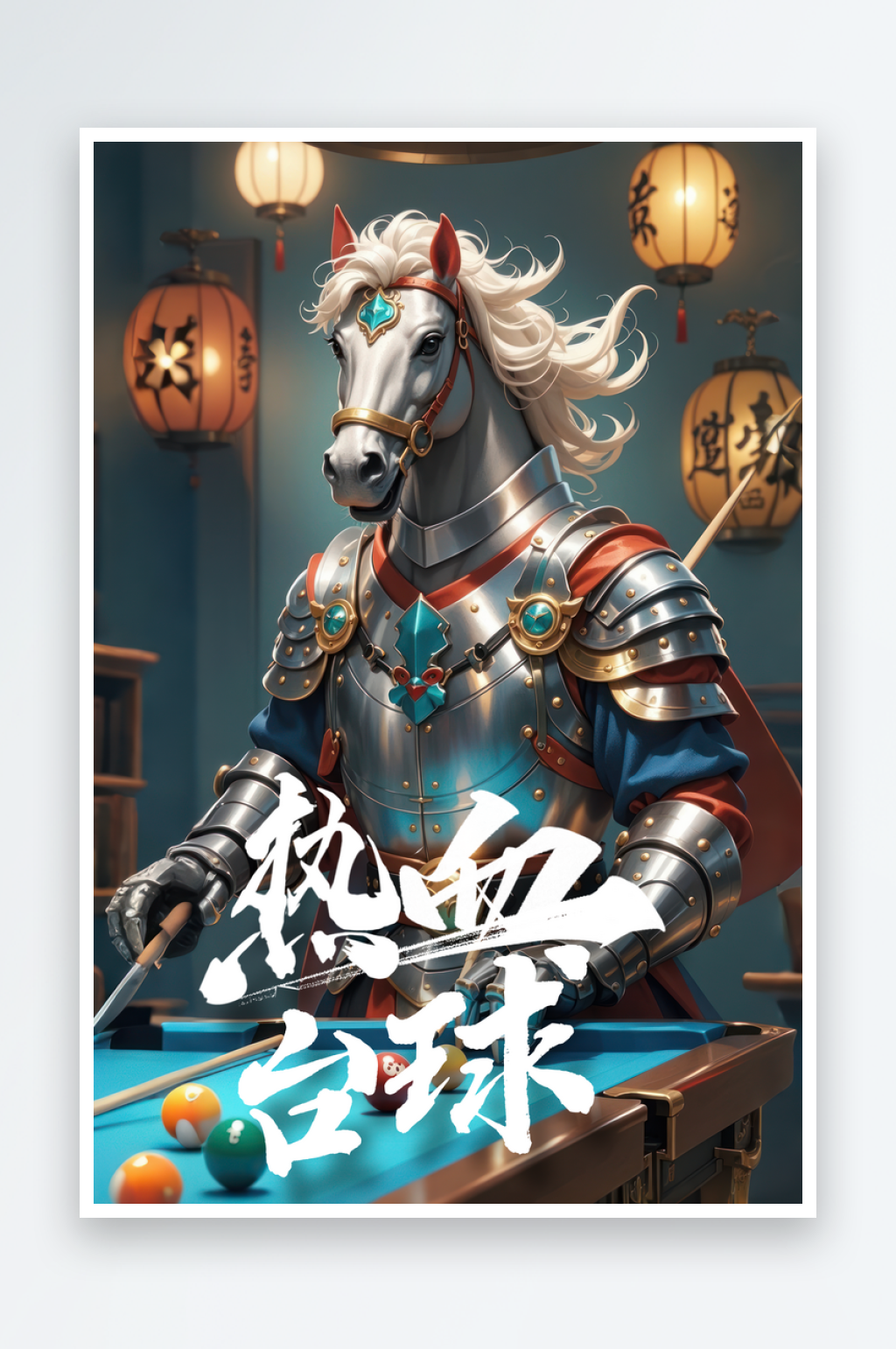 拟人马打台球文化创意装饰画素材